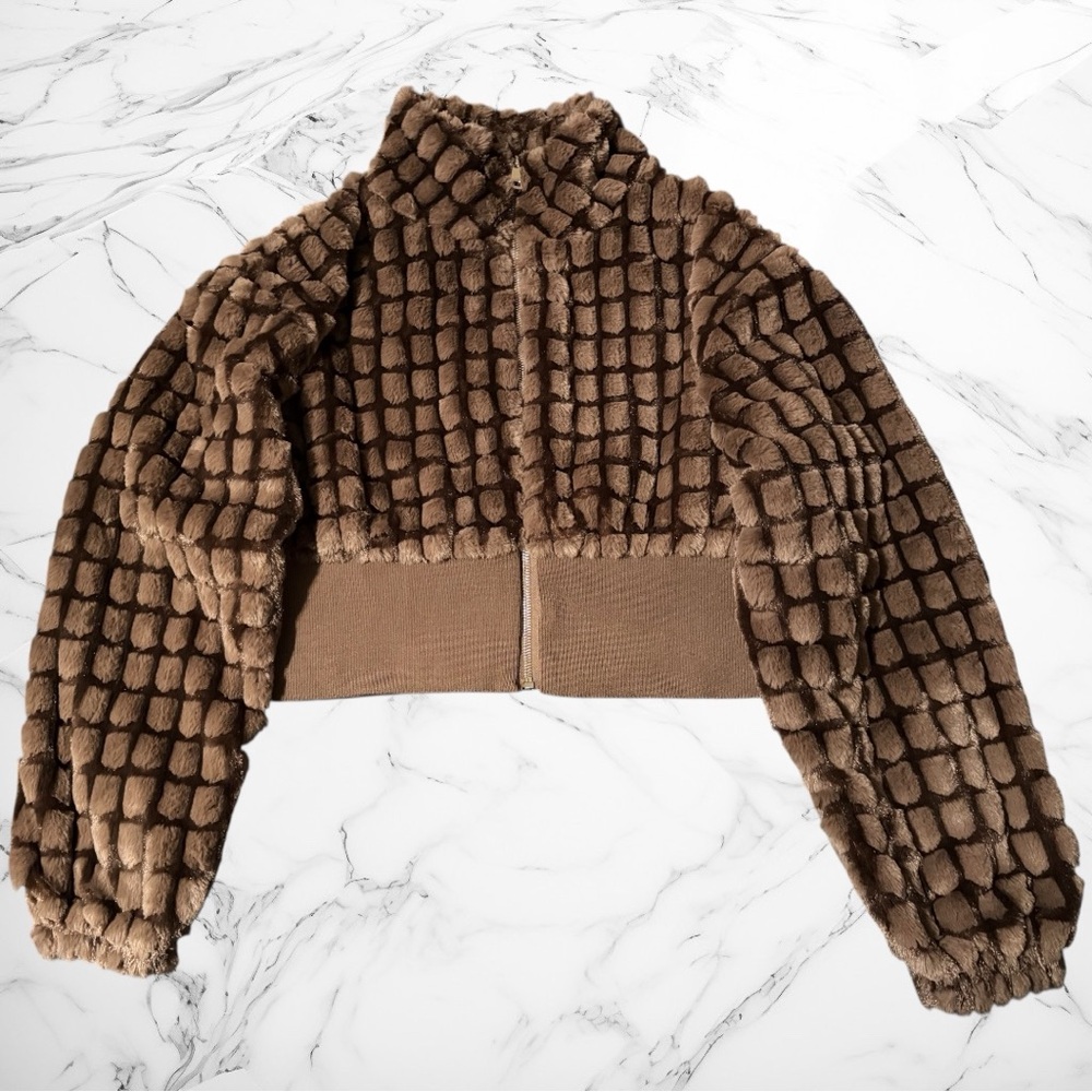 Faux Fur Embossed Textured Grid Cropped Bomber Jacket size 1XL